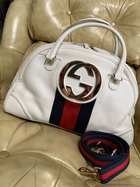 RARE Gucci XL Blondie Travel Bag Dome Satchel Web Stripe Pebble Leather